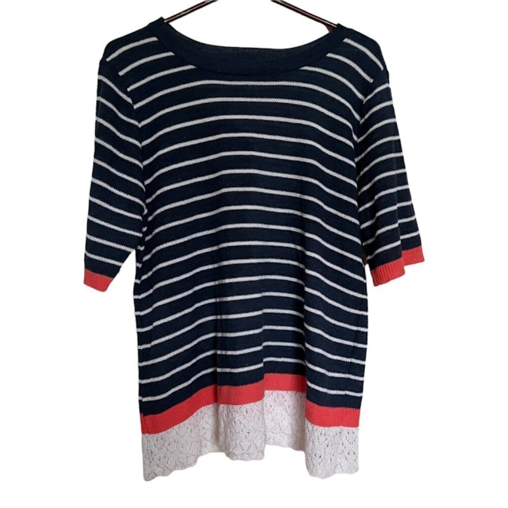 Christopher & Banks Women’s Top Blouse Short Sleeve Navy Blue White Coral size L